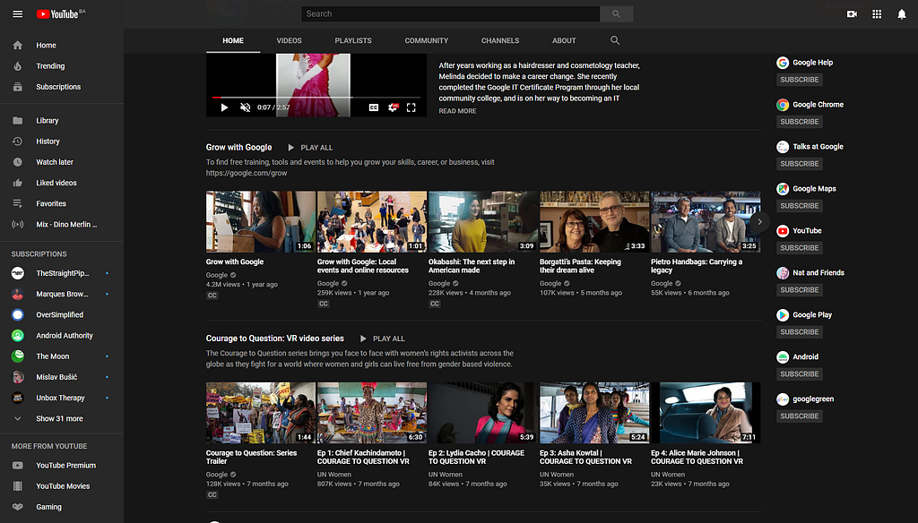 YouTube’s dark mode view